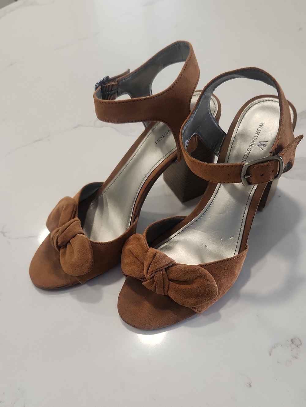 Worthington Tan Suede Knot Ankle-Strap Block Heels